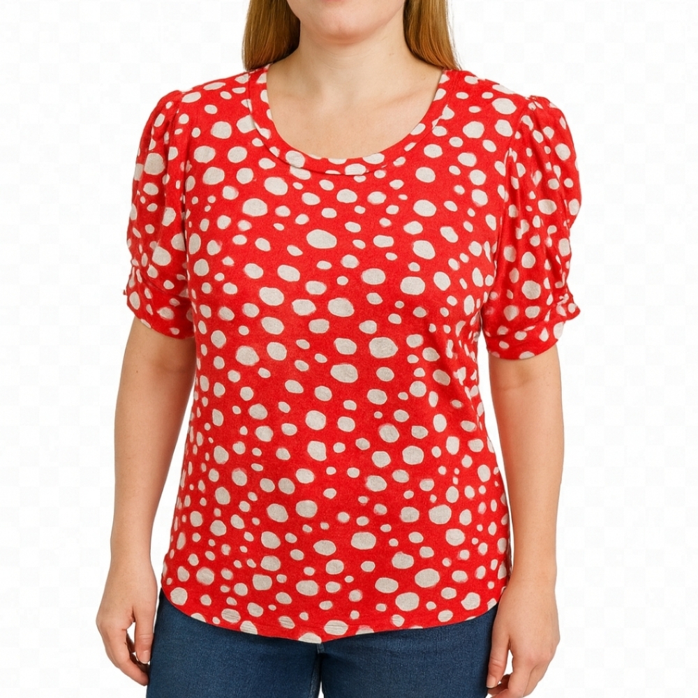 Thomas And Olivia Red Spotted Puffed Sleeve Peasant Babydoll Style Top Size PM